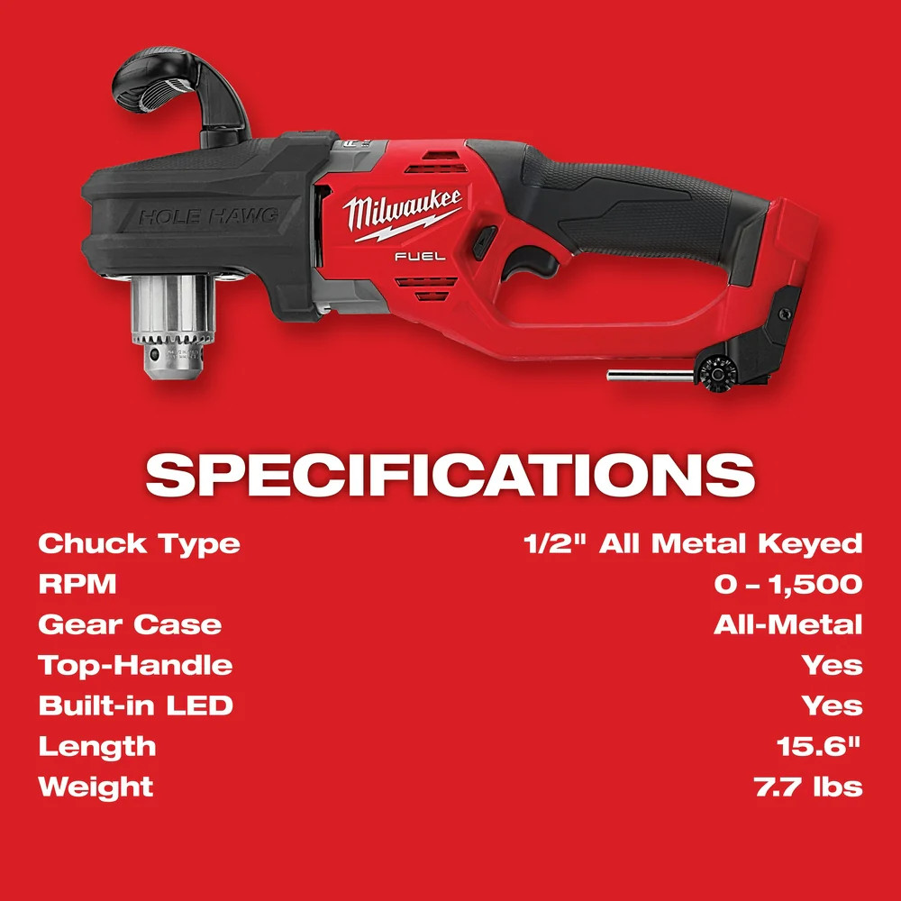 Milwaukee 2807-20 M18 FUEL 18V 12″ HOLE HAWG Right Angle Drill -Bare Tool