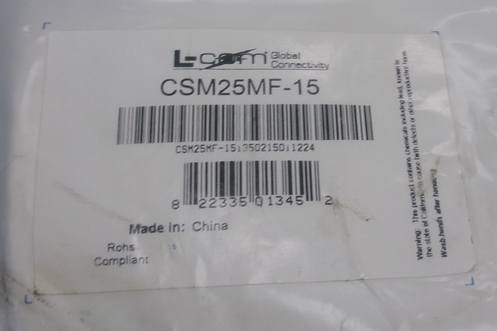 L-COM CSM25MF-15 D-Sub Cable Economy Molded DB25 Female to 25 open 15ft/5m #771P