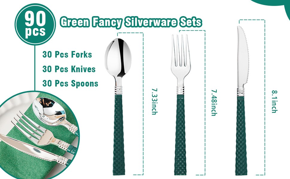 90pcs Silver and Green Disposable Silverware Set, Elegant Plastic Silverware
