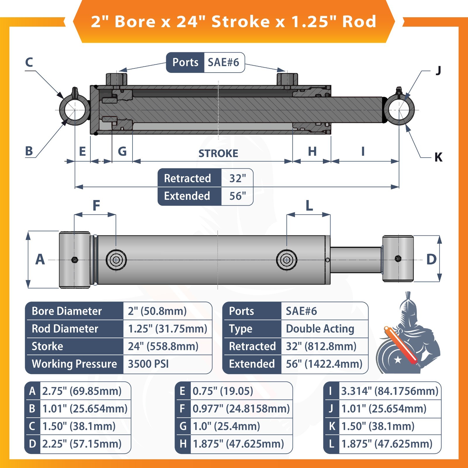 2×24 Hydraulic Cylinder 2″ Bore 24″ Stroke Double Acting Welded Cross Tube