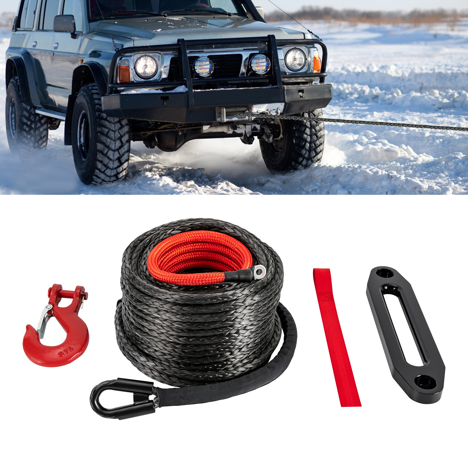 Lightweight Synthetic Winch Rope with Hook – 23809 lbs Breaking Strength