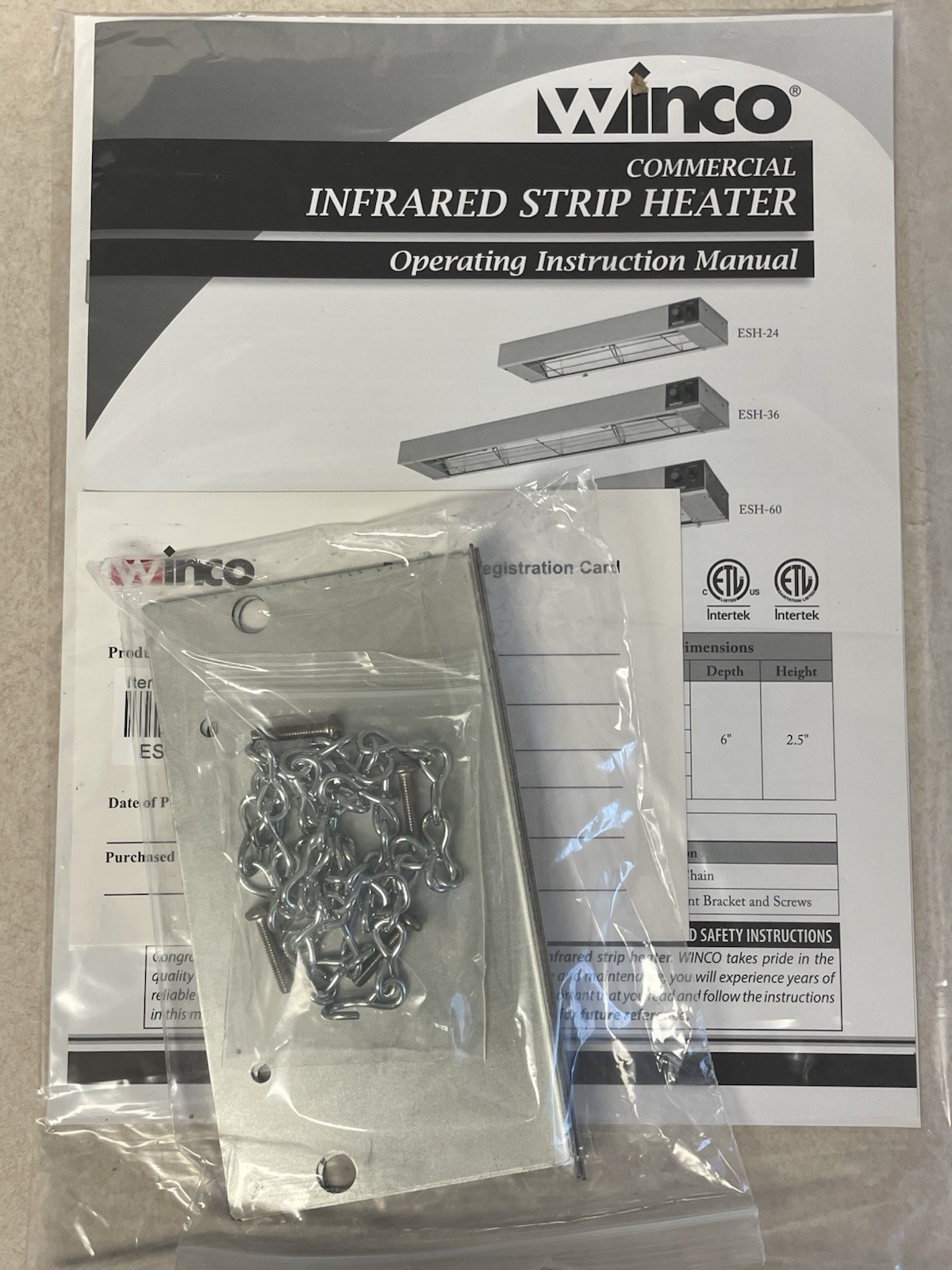 Winco ESH-36, 36-Inch Electric Strip Heater, 850W, 7A, Commercial Grade Infrared