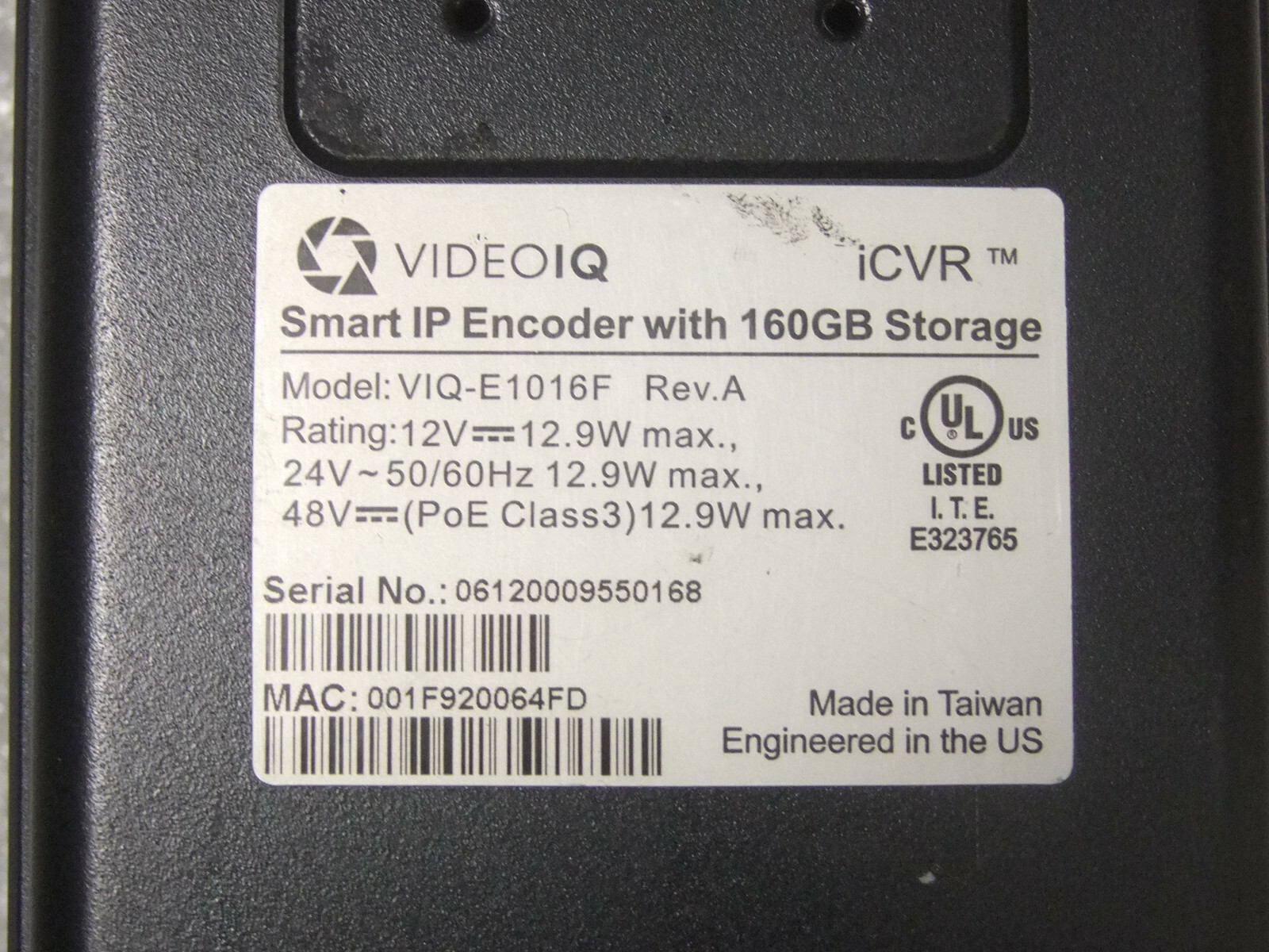 VideoIQ VIQ-E1016F iCVR Encoders One Channel, 160 GB Hard Drive Smart IP Encod