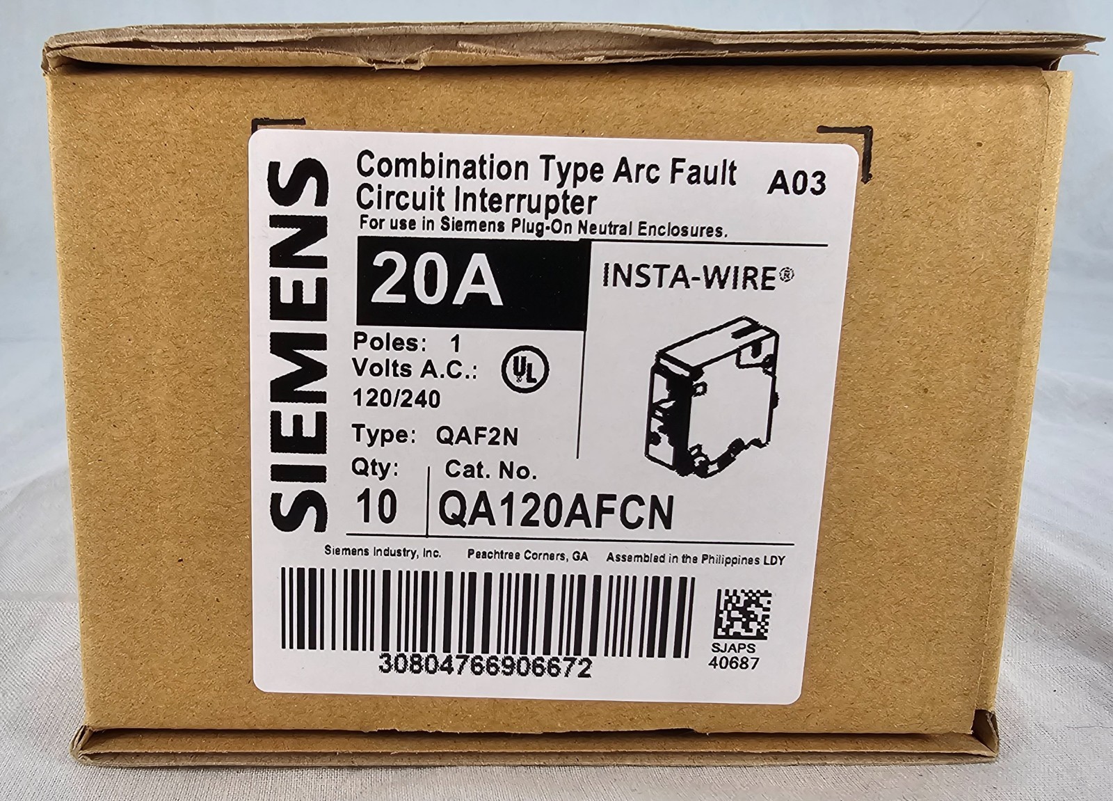 Lot of 10 – Siemens QA120AFCN 20-Amp 1-Pole Combination Type Arc-Fault Circuit