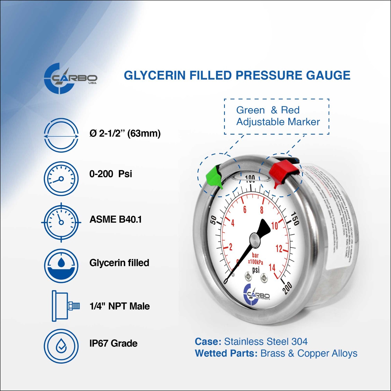 2.5″ LIQUID FILLED PRESSURE GAUGE 0 – 200 PSI, STAINLESS STEEL CASE BACK MOUNT