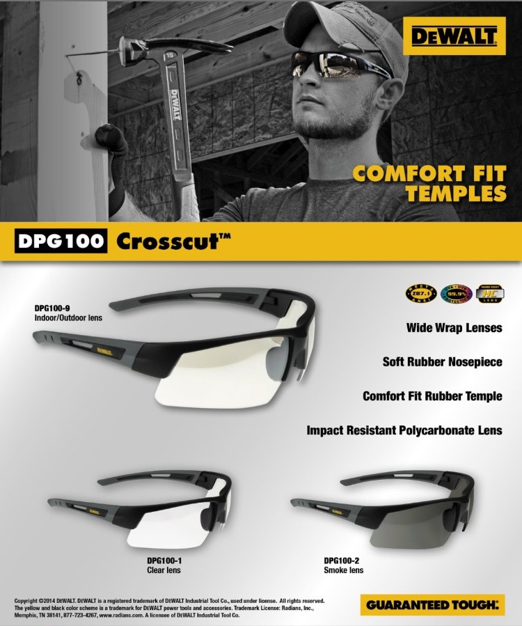 Dewalt DPG100- Crosscut Safety Lens Protective Safety Glasses/ Choose Color