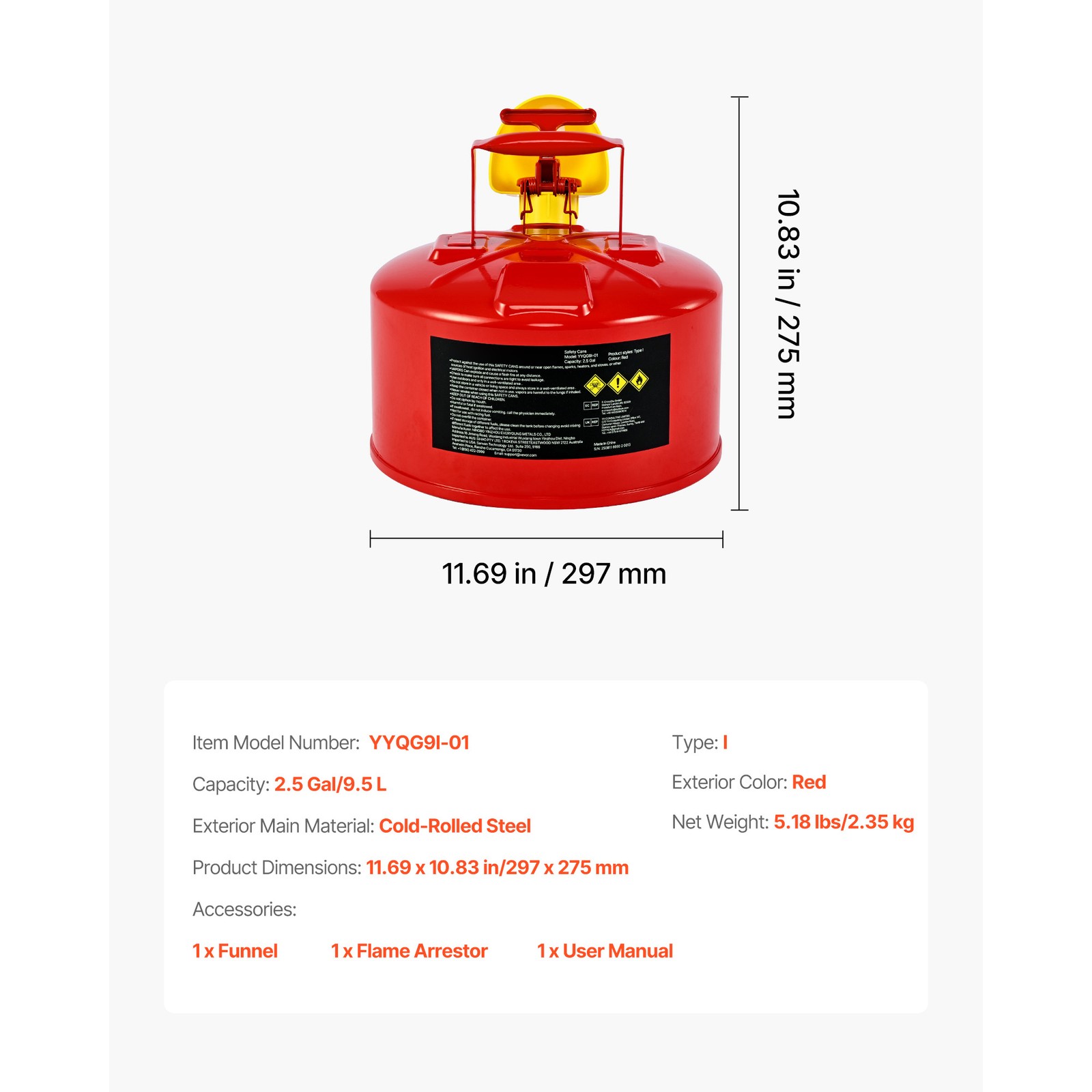 Uimoso 2.5 Gallon Red Safety Gas Can with Flame Arrester and Funnel
