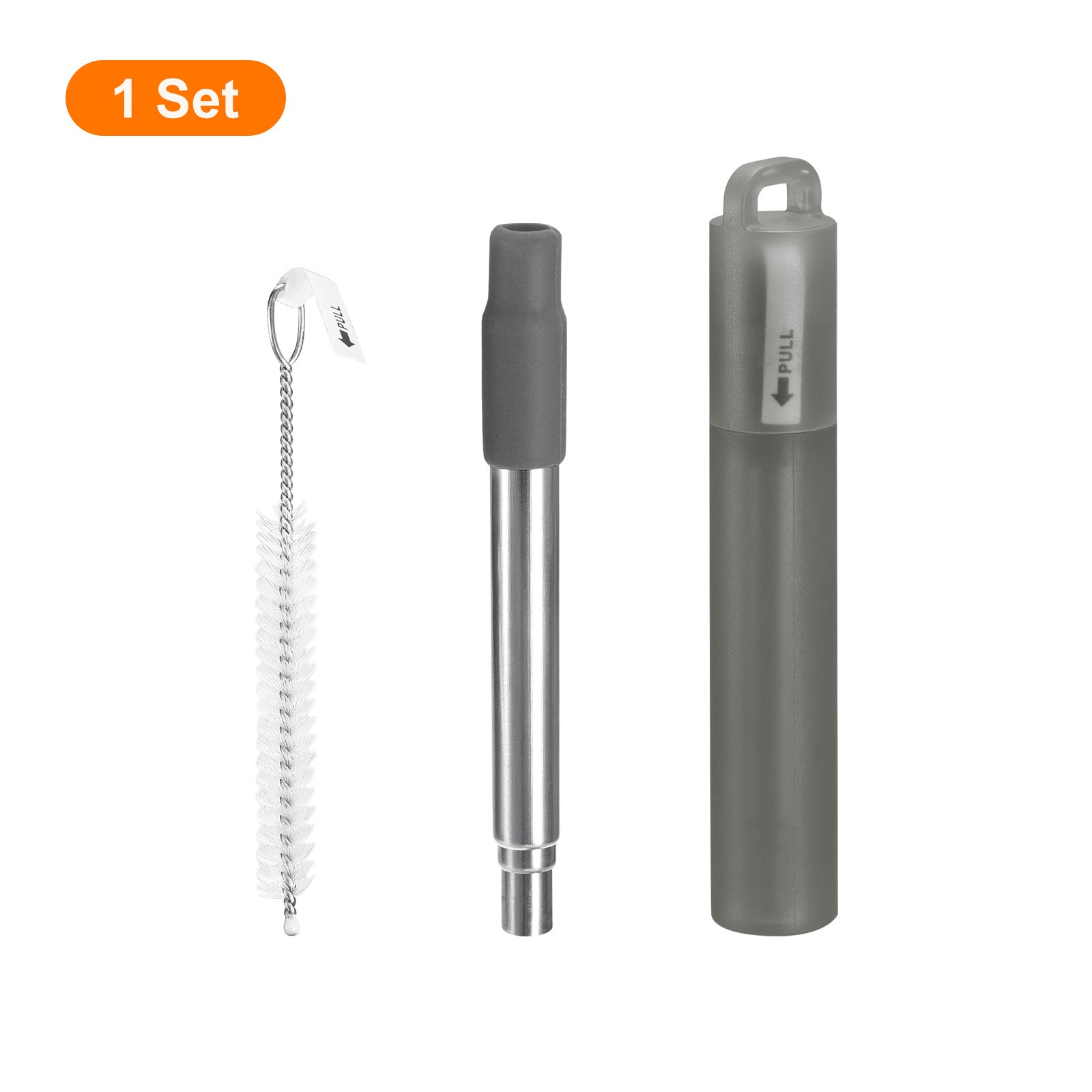 1 Set Reusable Telescopic Stainless Steel Straws with Silicone Nozzle, Dark Grey