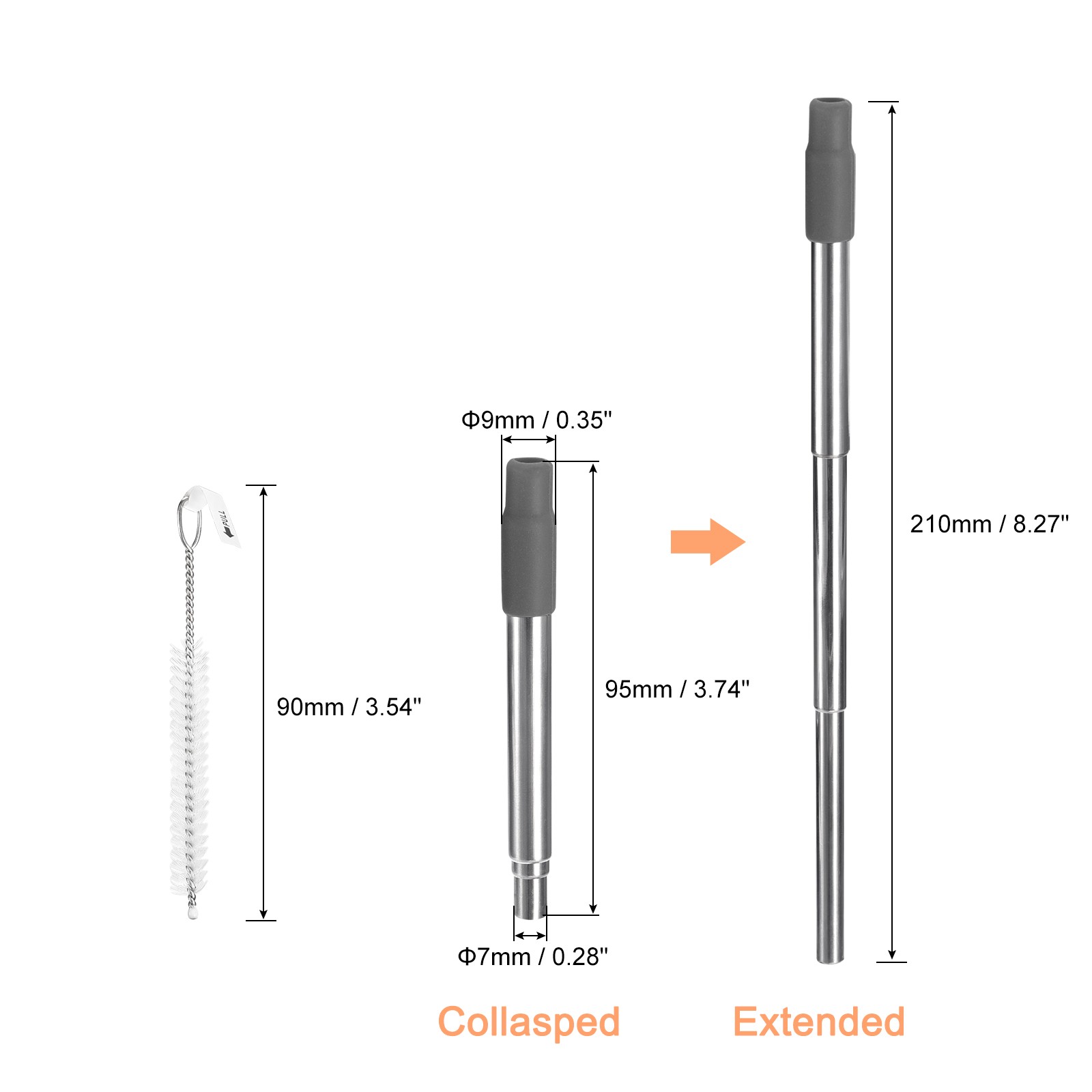 1 Set Reusable Telescopic Stainless Steel Straws with Silicone Nozzle, Dark Grey