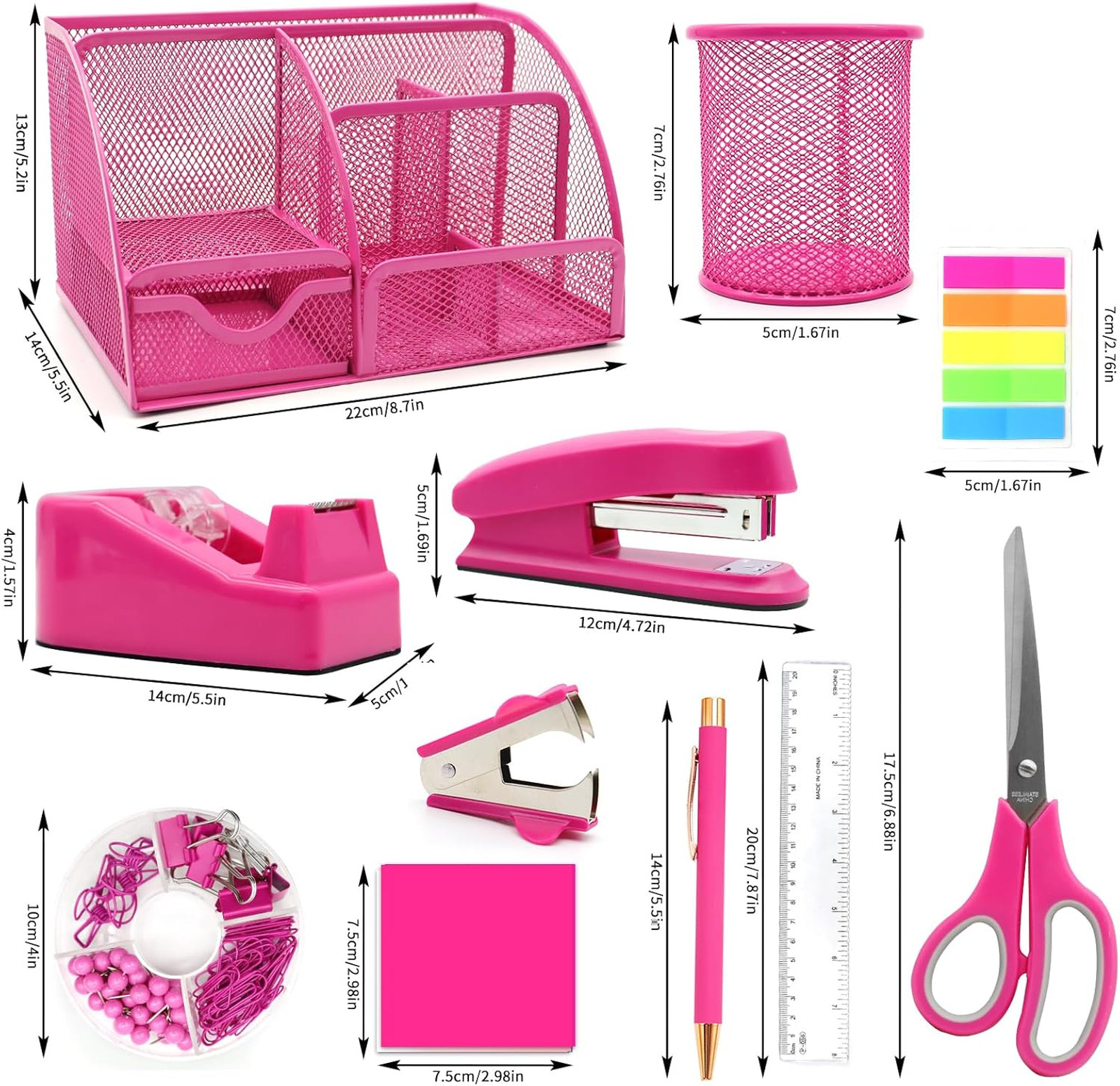 12 in 1 Desk Organizer Set Hot Pink Office Supplies for Women and Coworkers Gift