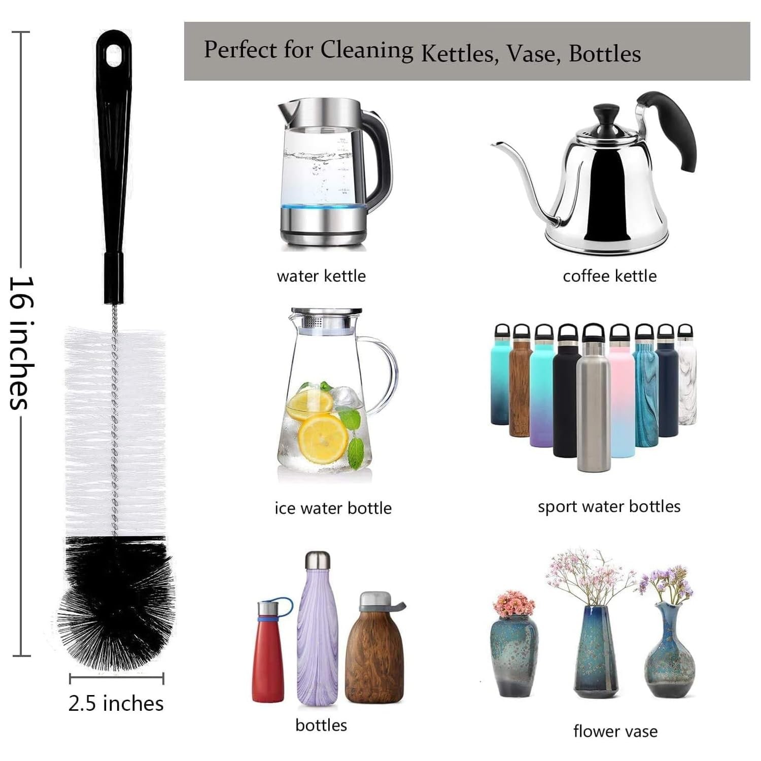 ALINK 8-Pack Bottle Cleaning Brush Set – Long 5 Piece Assortment, Black