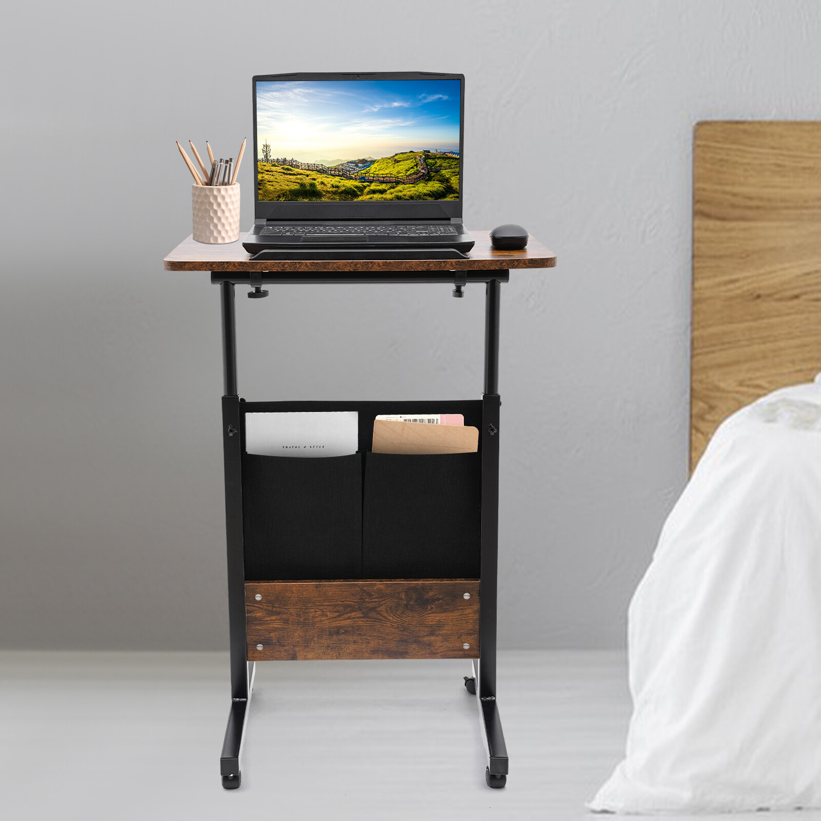 Rolling Laptop Desk Adjustable Height Computer Table Stand up Office w/ Storage