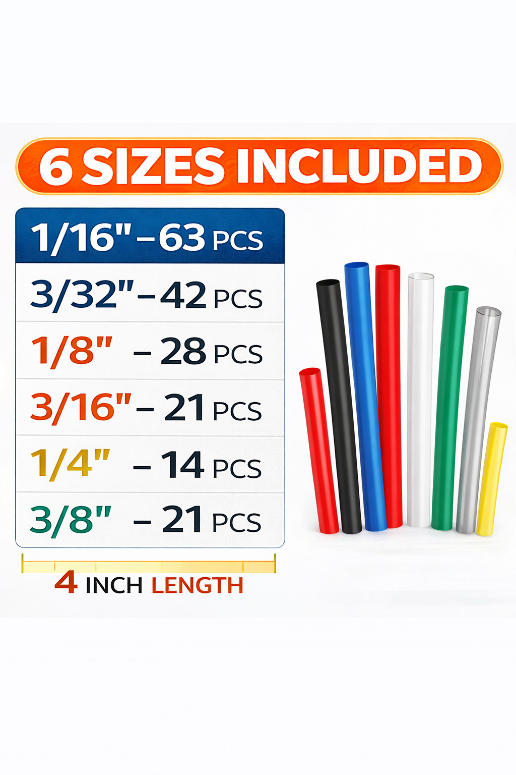 189PCS Heat Shrink Tubing Kit 2:1 Assorted Colors 6 Sizes 4 Inch