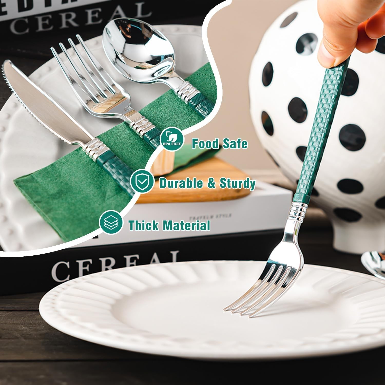 90pcs Silver and Green Disposable Silverware Set, Elegant Plastic Silverware