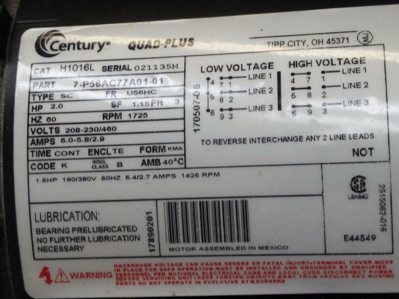 Century H1016L 230/460V RPM1725 2HP FR56C 5/8″Shaft Quad-Plus Motor
