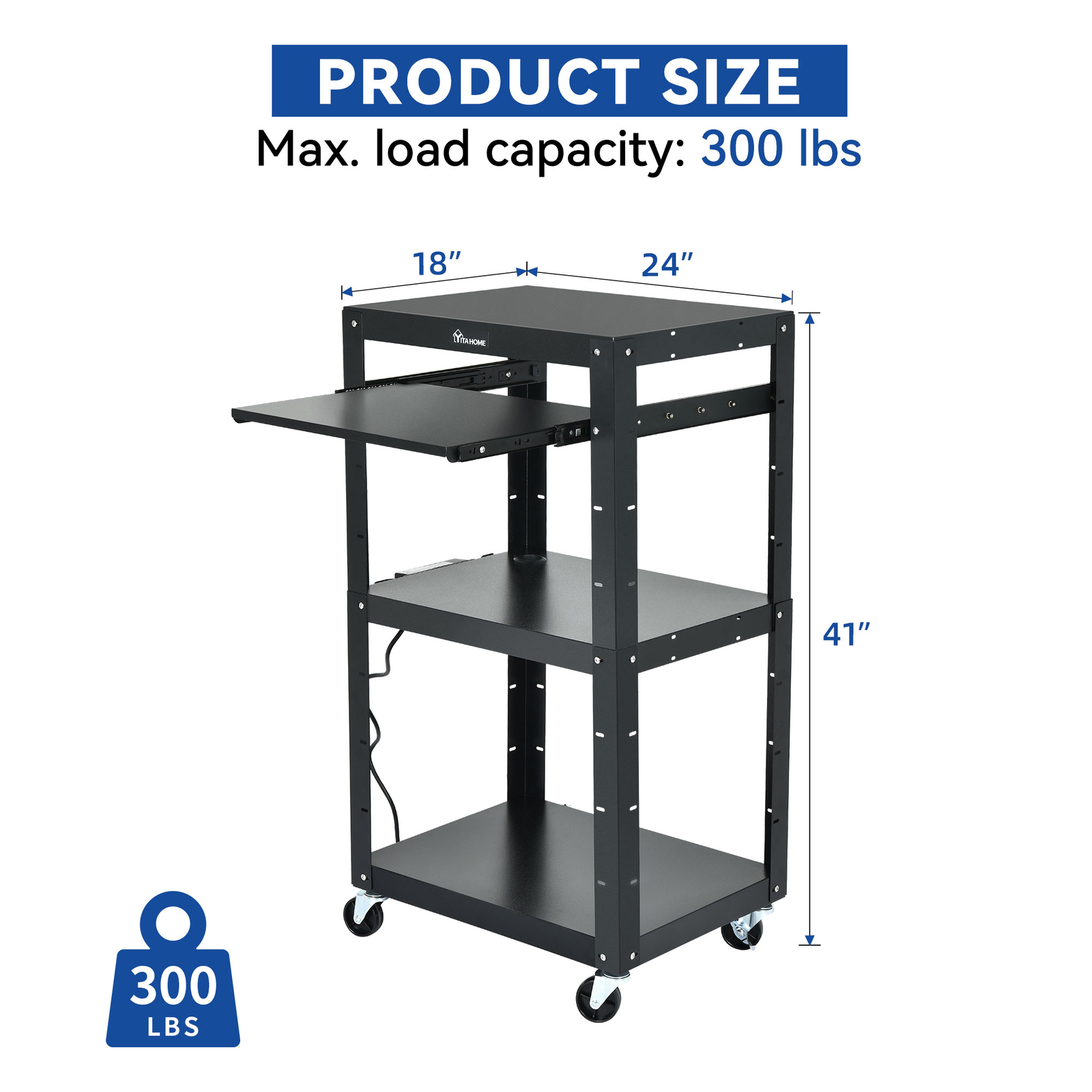 41” 3-layers Media Laptop Computer AV Cart Tabel w/ Power Strip Office Room