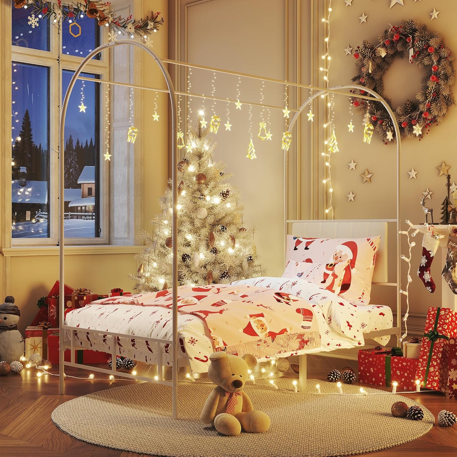 Kids Canopy Bed Frame with Headboard & Footboard, Upholstered Twin Bed Frames