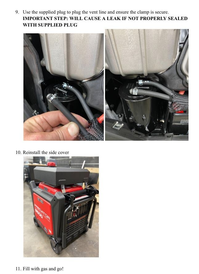 Predator Generator gas tank extended run time kit auxiliary fuel tank 9500