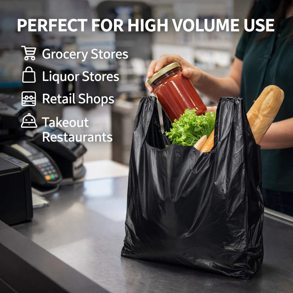 Bags 1/6 21 x 6.5 x 11.5 Extra Heavy Duty 1.18 Mil BLACK T-Shirt Plastic Grocery