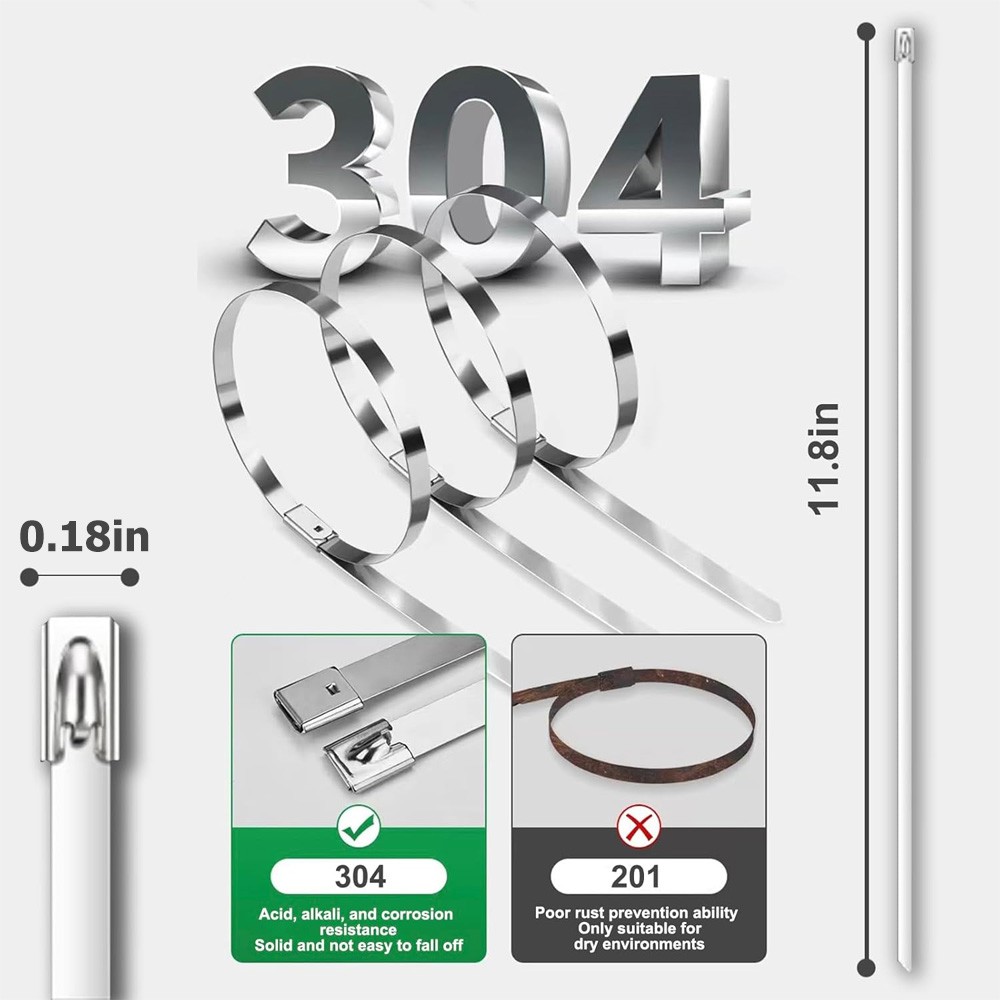100PCS 12inch Metal Zip Ties 304 Stainless Steel Heavy Duty Self-Locking Cable