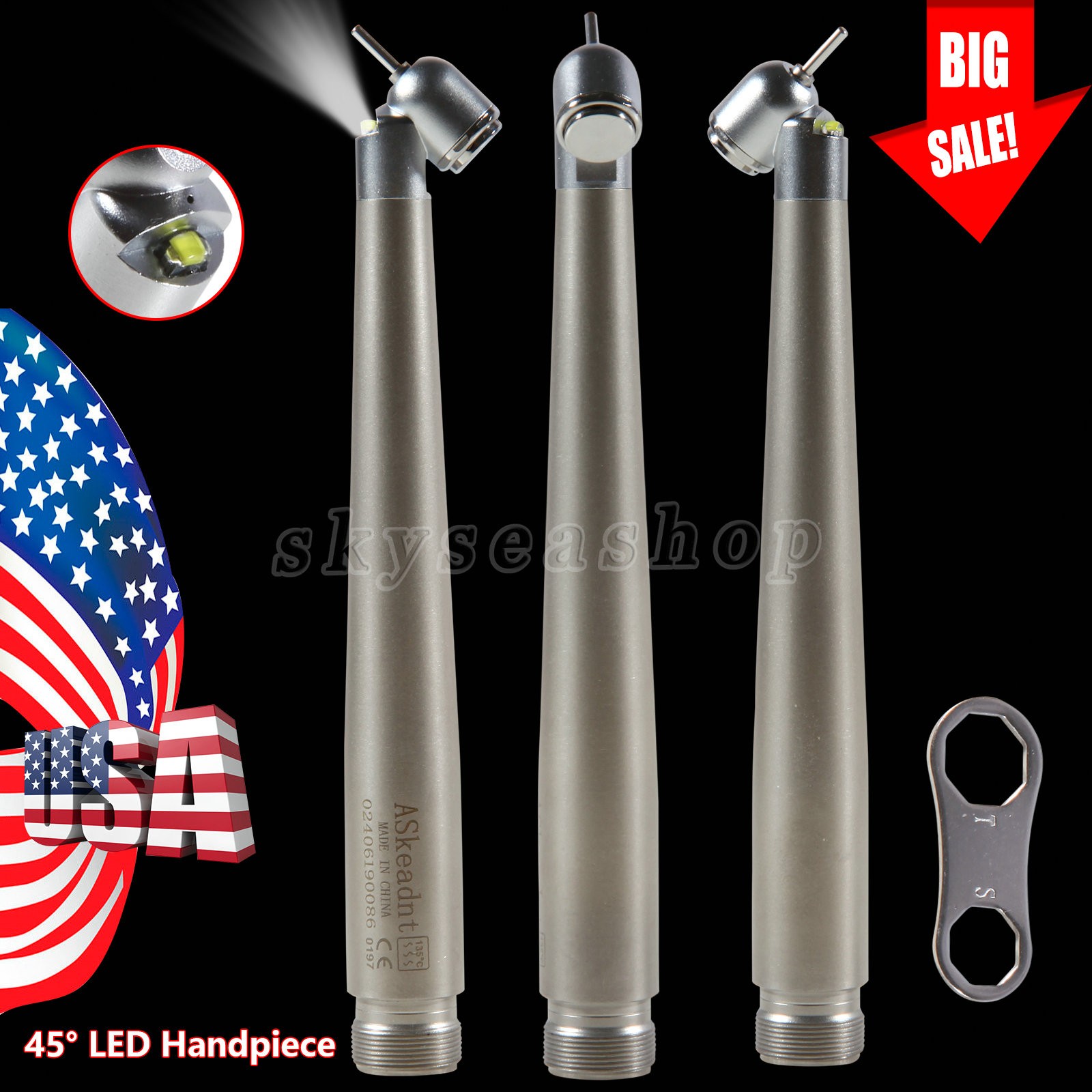 LED Dental Surgical Handpiece 45° Angle 2 Hole Borden Rear Exhaust Impact Air
