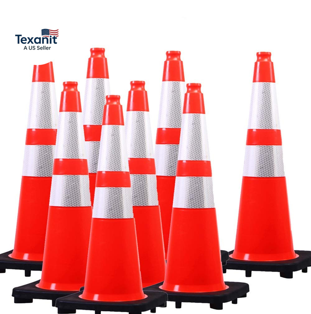 (8 Cones) 28” Inch Orange PVC Traffic Cones, Black Base Construction Safety Con