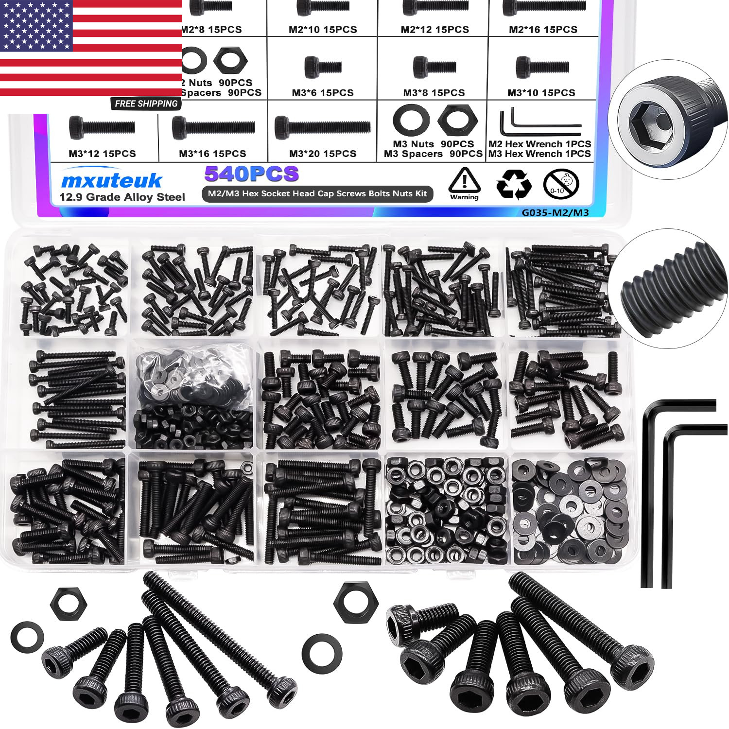 540PCS M2 M3 Metric Screws Assortment Set Suitable for 3D Printer Diy,Hex Socket