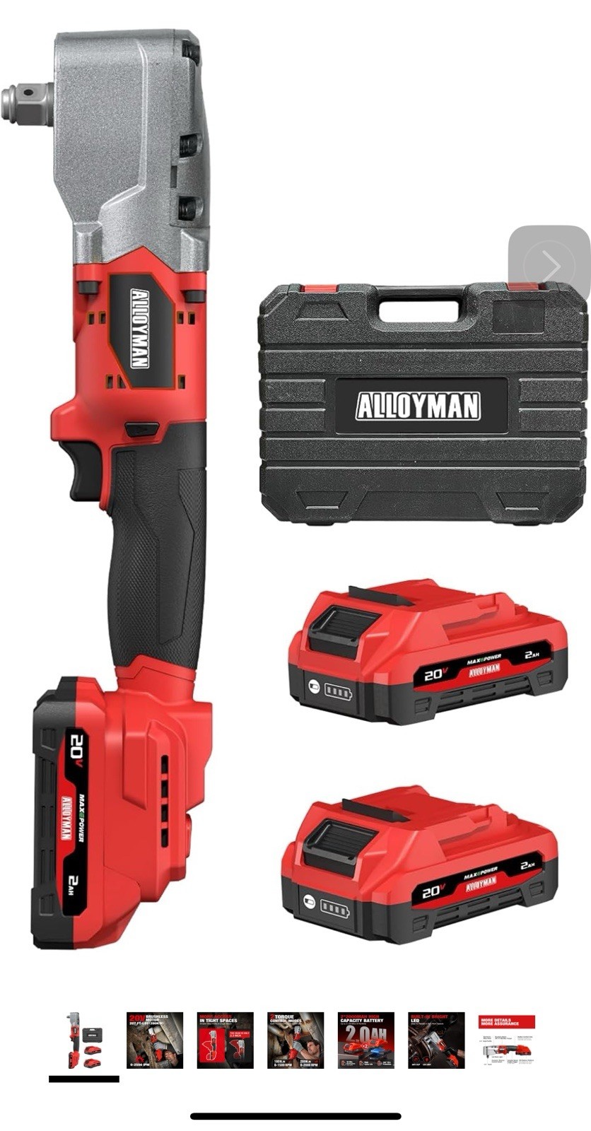 Alloyman 20V Brushless Right Angle Impact Wrench, 207 Ft-lbs（280N.Mᦀ