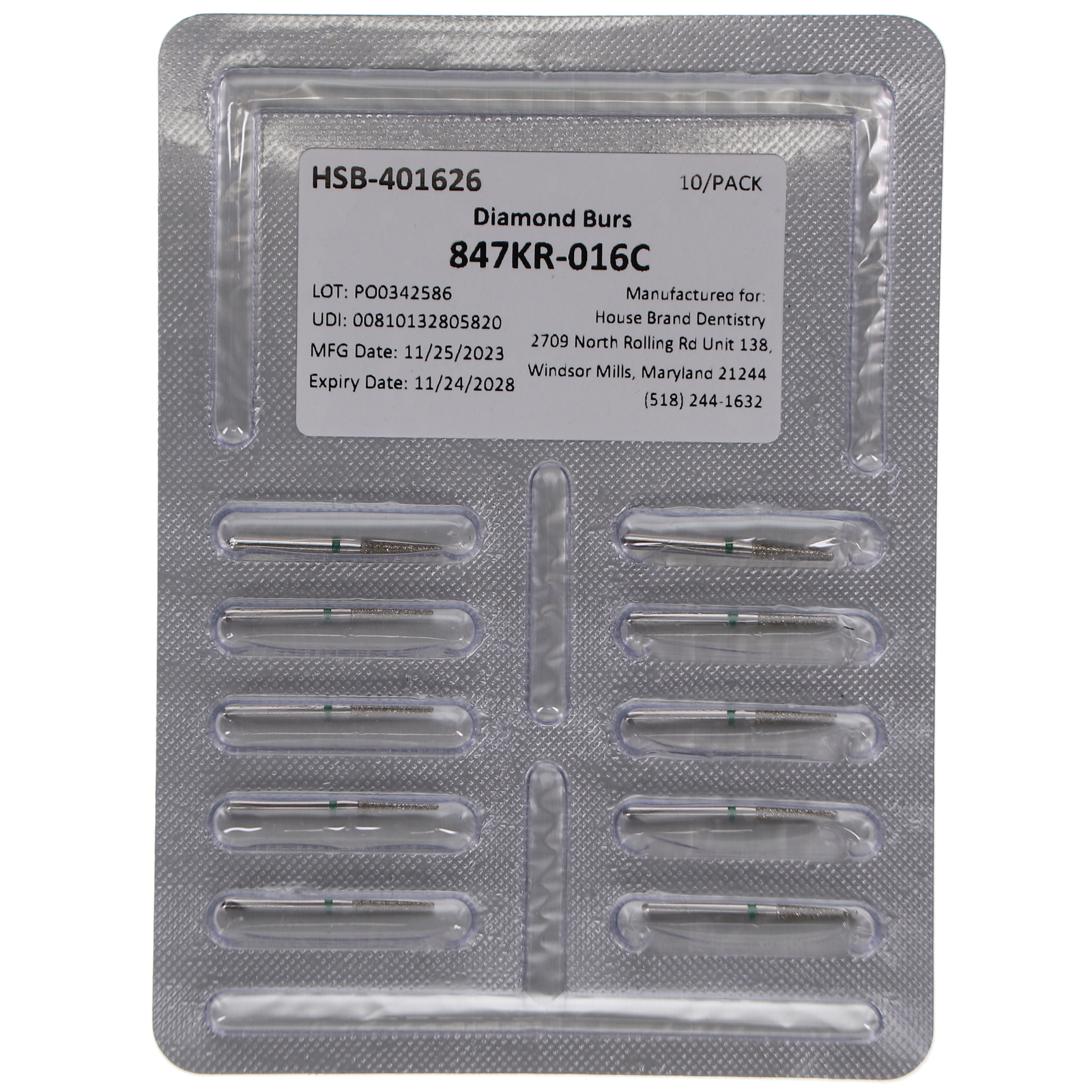 House Brand Dentistry FG 847KR-016C Modified Flat Taper Coarse Diamond Burs 10Pk