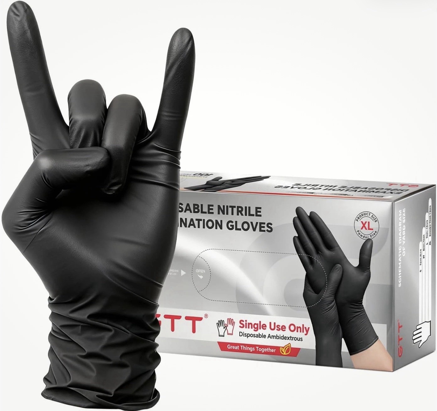 2 Packs, 100 Count, GTT Black Nitrile Disposable Gloves, 6 Mil Powder-Free; XL