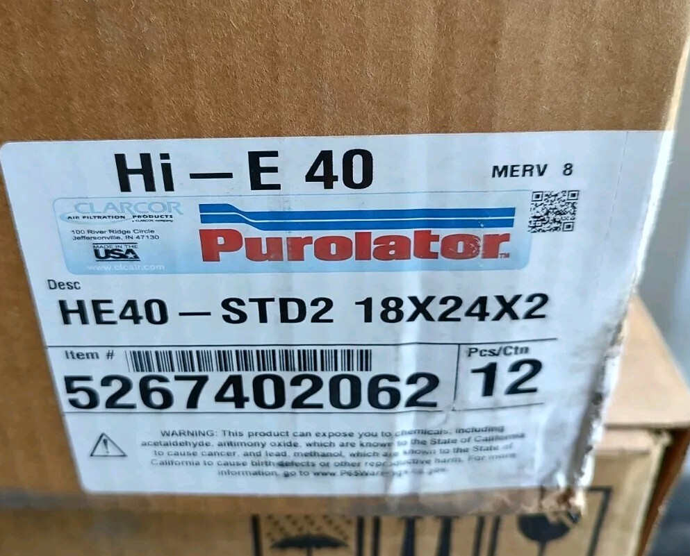 NEW LOT OF 12 PUROLATOR Hi-E 40 MERV 8 FILTERS 18 X 24 X 2 HE40-STD2 5267402062