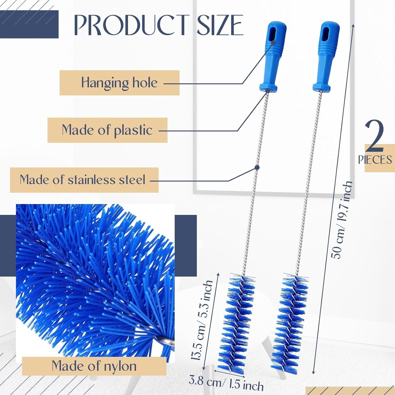 2 Pack Flexible Drain Brush Set – 19.7″ Pipe Cleaning Tool for Shower & Tub