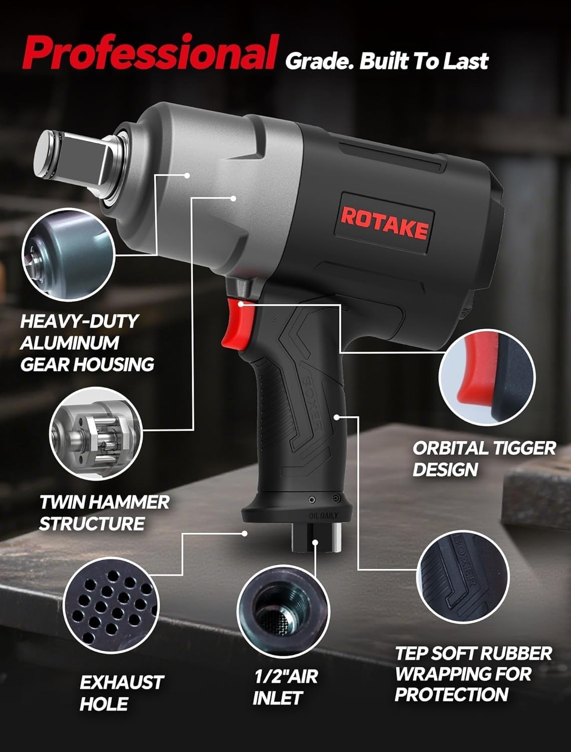 Air Impact Wrench 1556 Ft-Lbs Heavy Duty Pneumatic Gun for Trucks RT-5572 H Duty