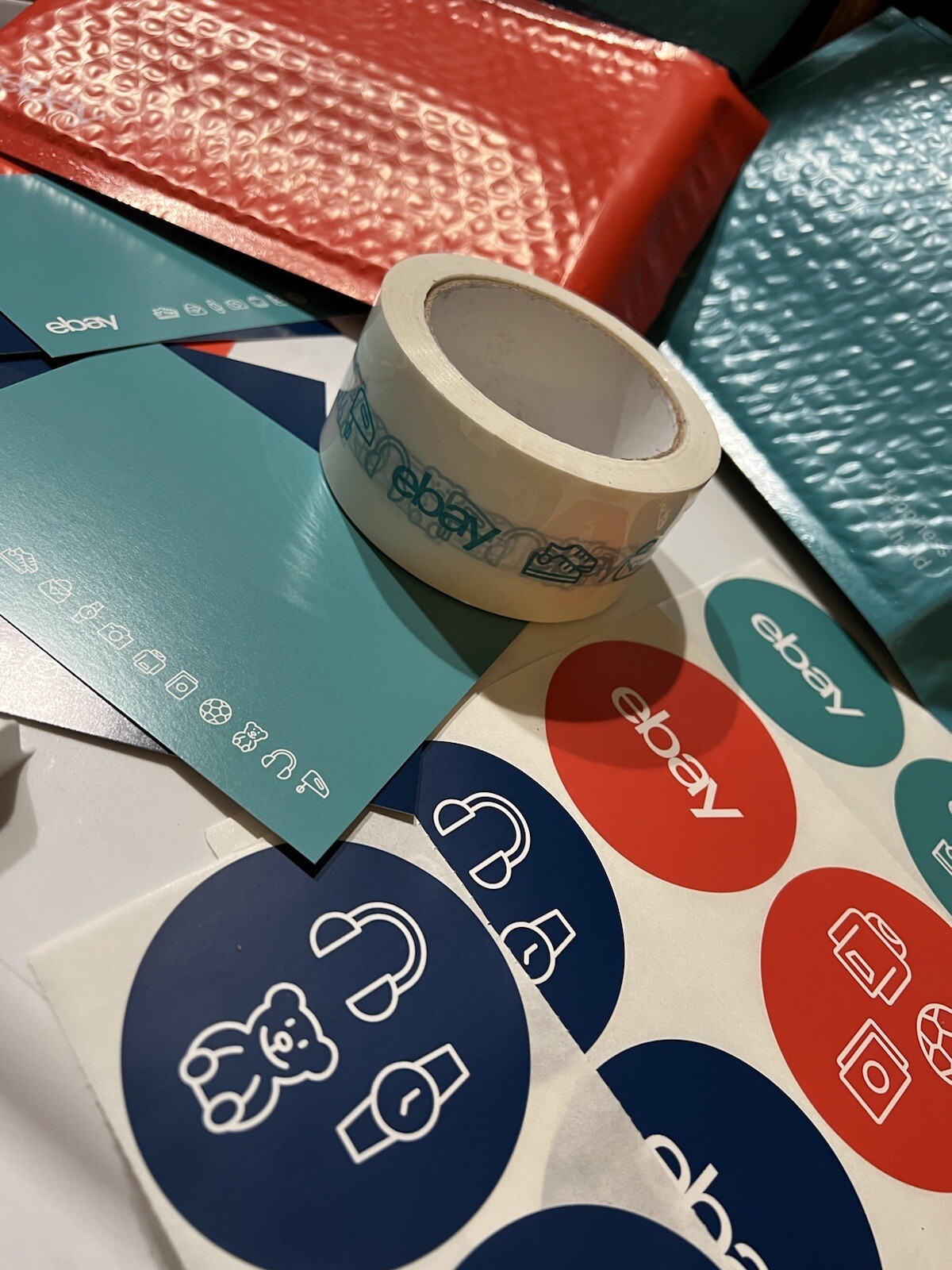 25 eBay Branded Shipping Supplies STARTER KIT Teal Tape Postcards FUN COLORS