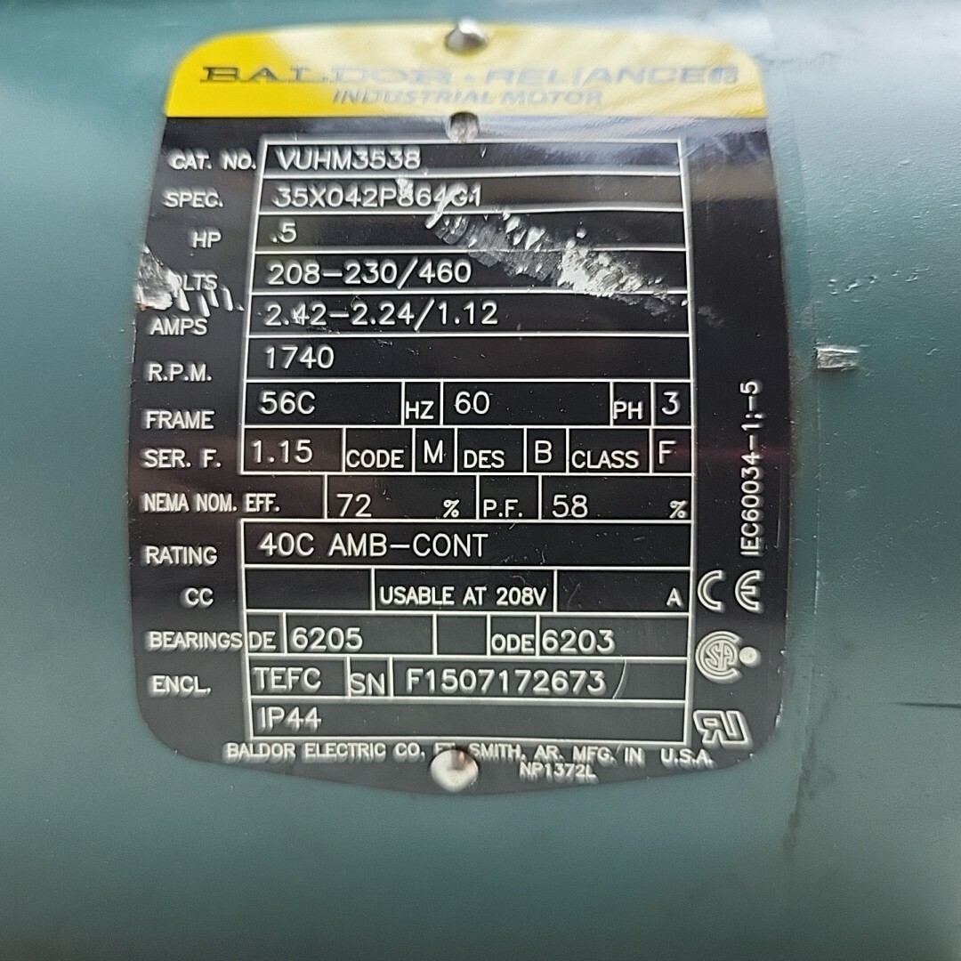 Baldor VUHM3538 .5 Hp 1740 Rpm 3Ph 60Hz 56C TEFC Industrial Motor Used