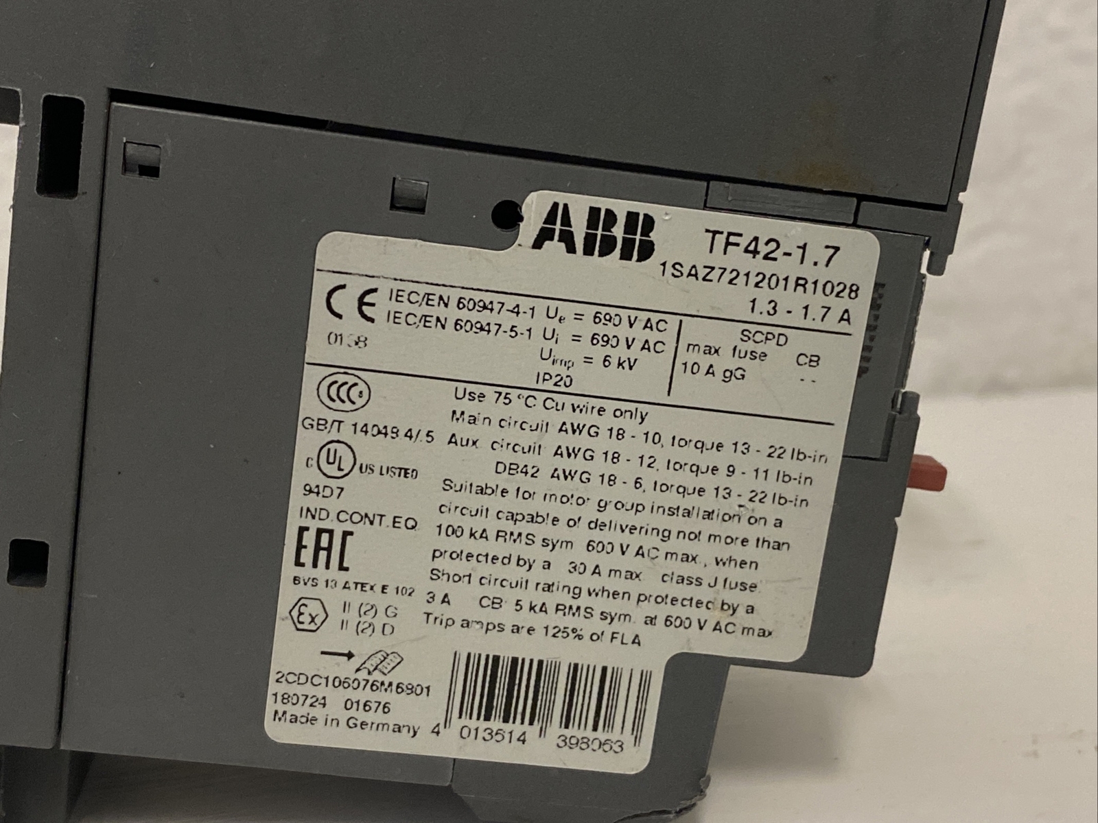 ABB TF42-1.7 1SAZ721201R1028 Thermal Overload Relay