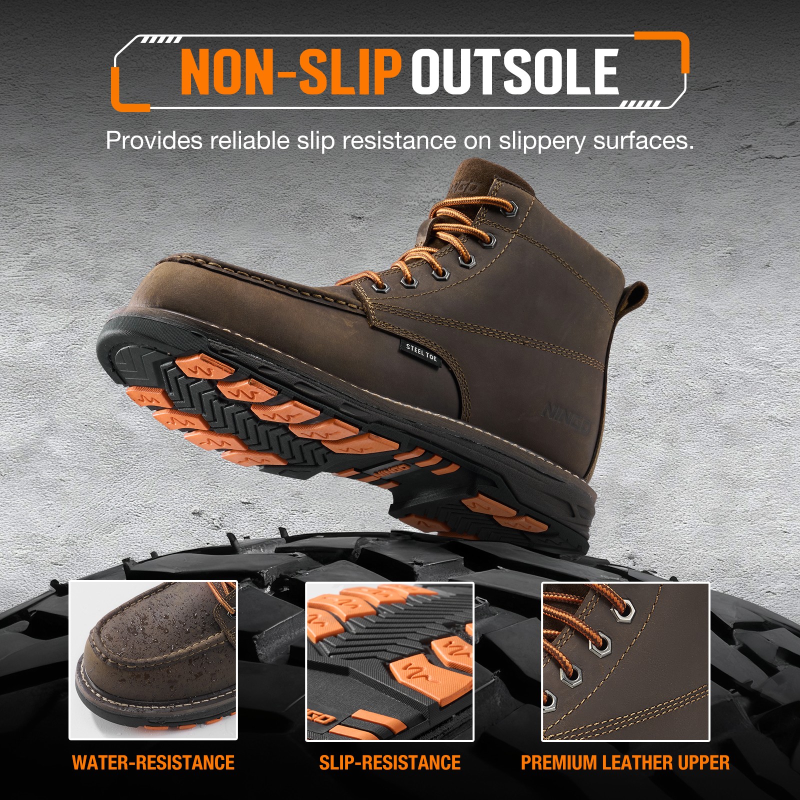 NINGO Men Steel Toe Work Boots Puncture Proof Moc Toe Safety Shoes EH Protection