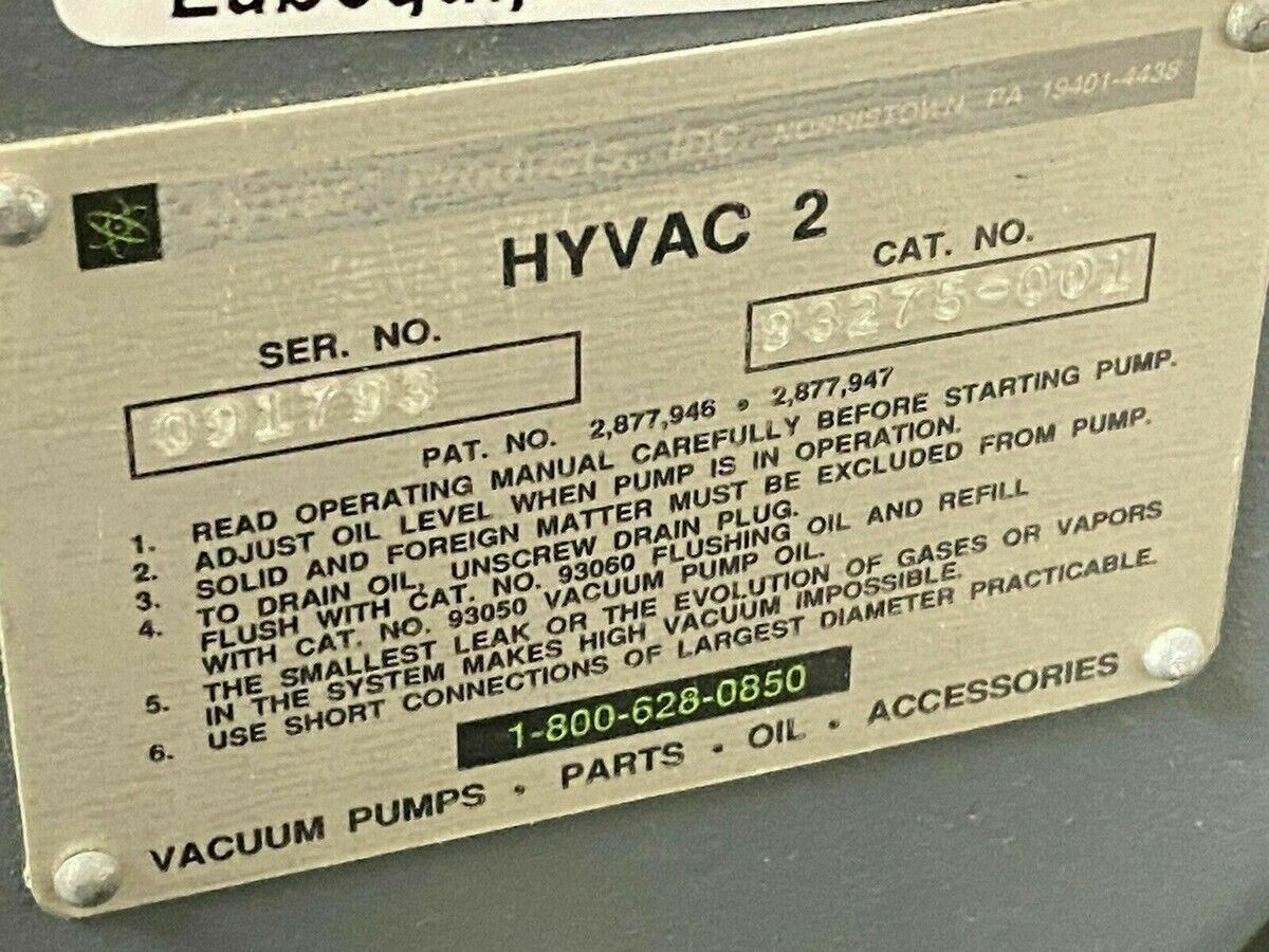 new CENCO HyVac 2 (93275-001) Rotary Vane Type Belt Driven Vacuum Pump