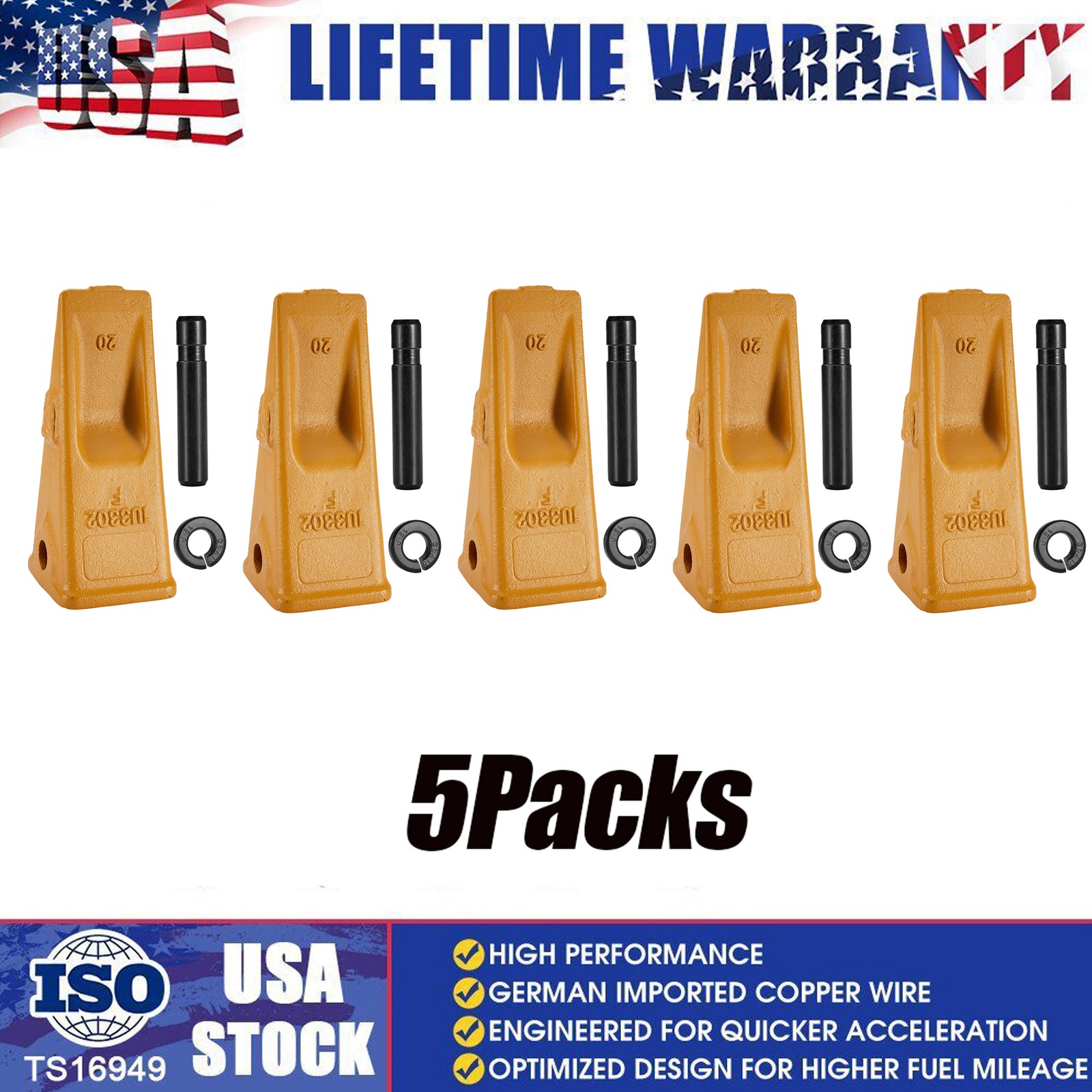 1U3302 1U-3302 Bucket Teeth, 9J2308 Pins, 8E6259 Retainer For J300 Tooth 5Packs