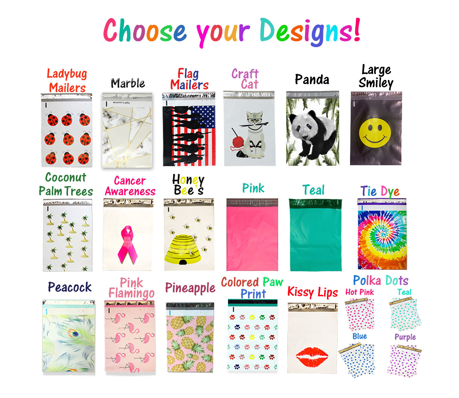 10×13 Poly Mailers Designer FUN Self Adhesive Shipping Bags 50,100, 200 Assorted