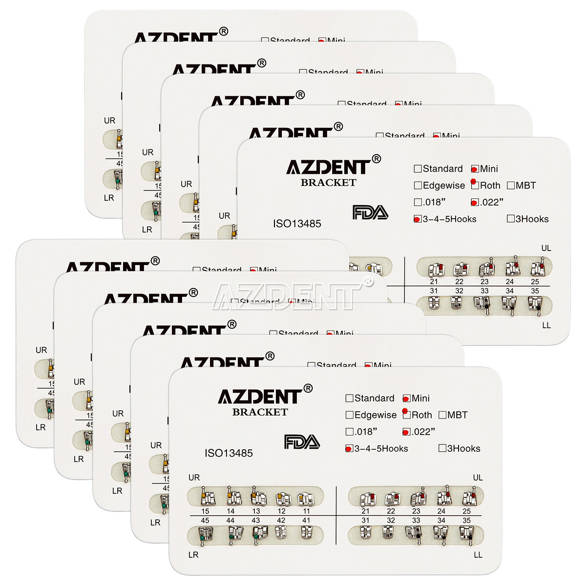 10X AZDENT Dental Brackets Mini/Standard MBT/Edgewise/Roth 022/018 Hooks 3/345