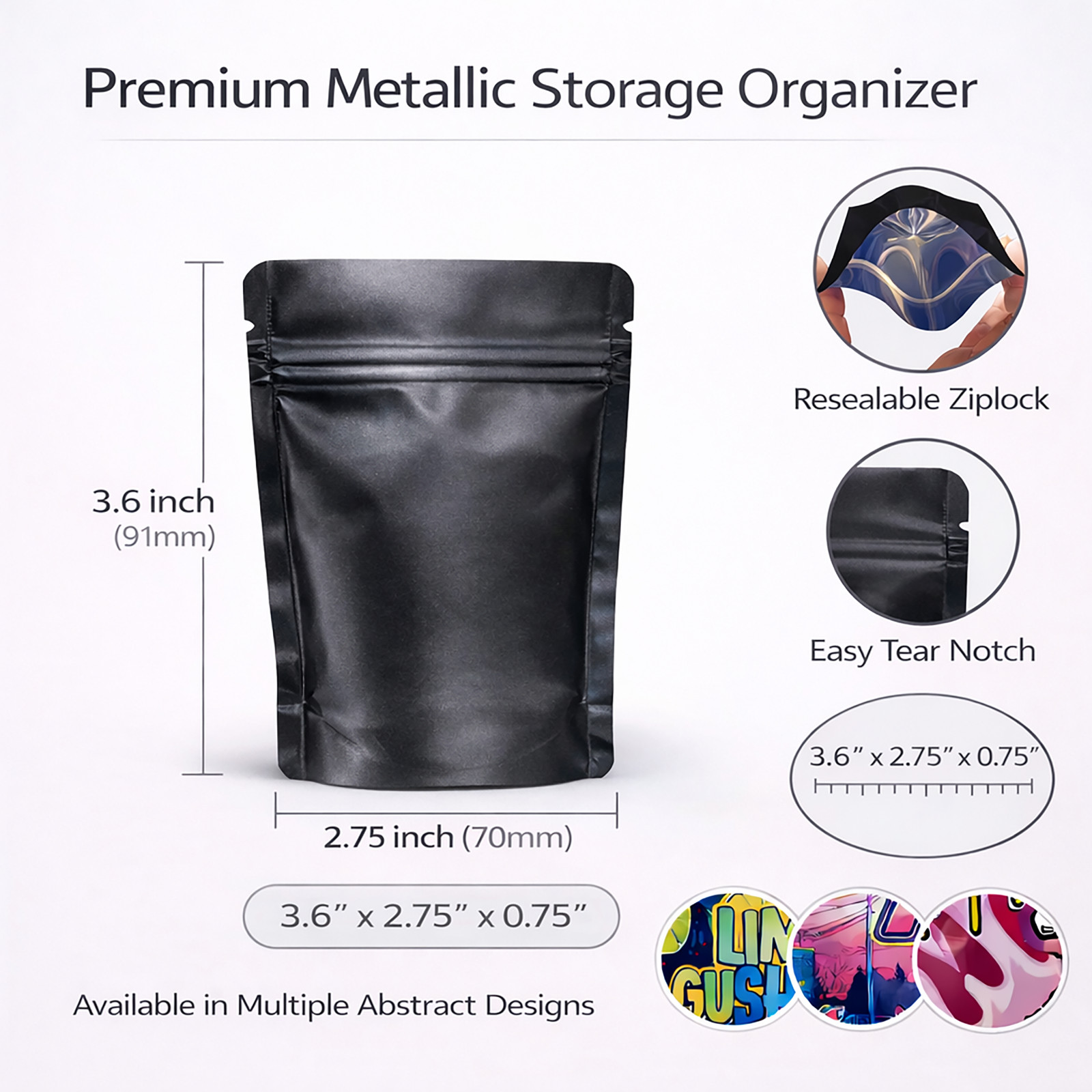 100 Pack 1g Mylar Bags Assorted Designs Smell Proof Resealable Zip Pouches