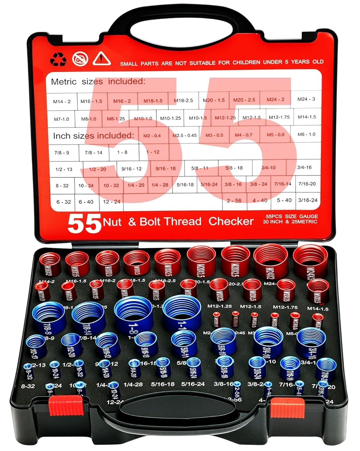 55Pcs Nut and Bolt Thread Checker 25 Metric + 30 SAE Inch Thread Gauge Set, Deta