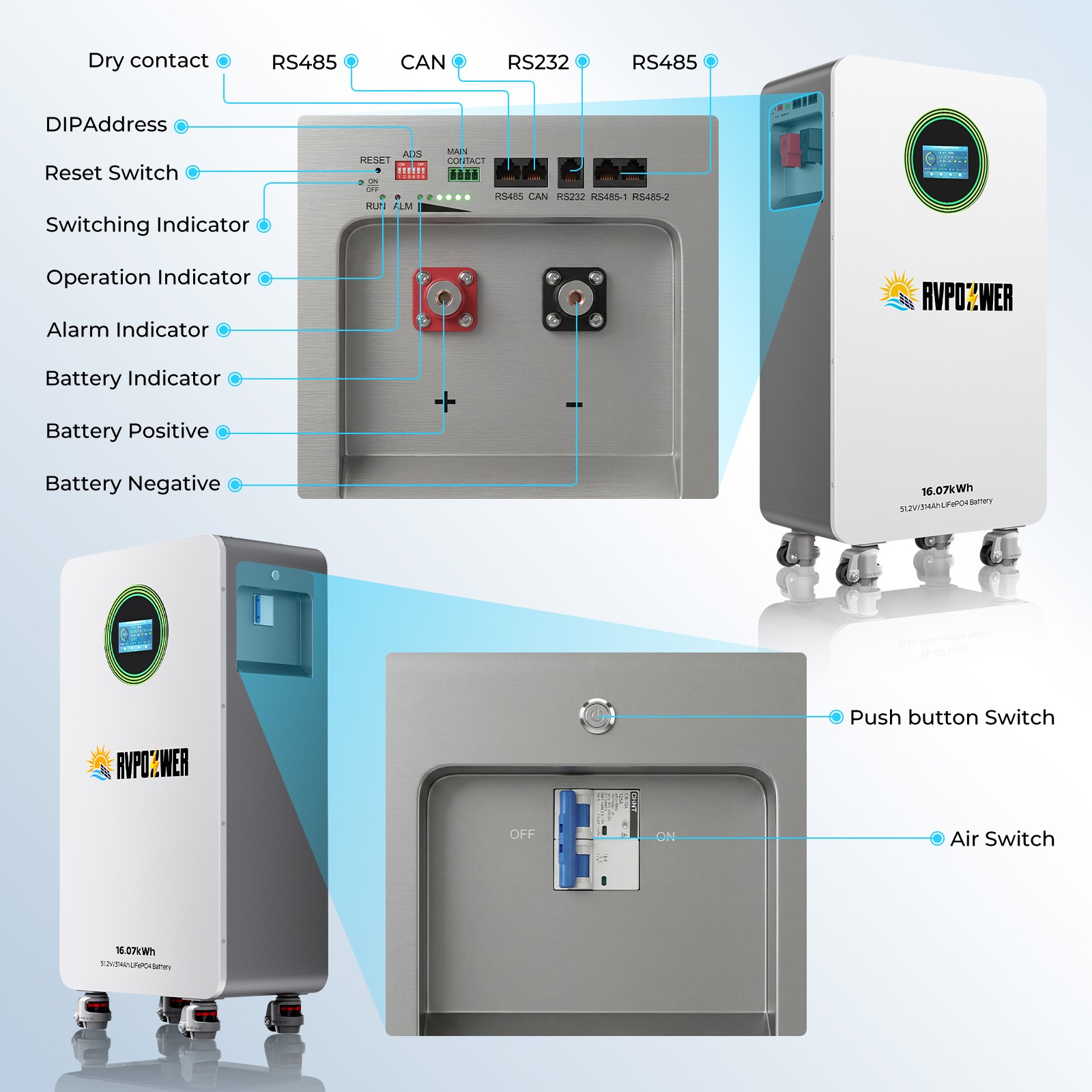 48V 314AH 16.07kWh Lithium Battery LiFePO4 Vertical Standing RV Solar Backup UPS