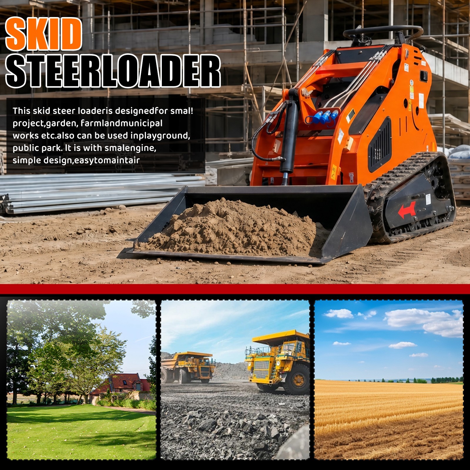 24HP Mini Skid Steer Tracked Loader 3-Pumps 2-Cylinder Gas Engine +3 Attachments
