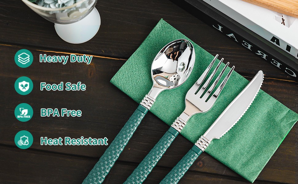 90pcs Silver and Green Disposable Silverware Set, Elegant Plastic Silverware