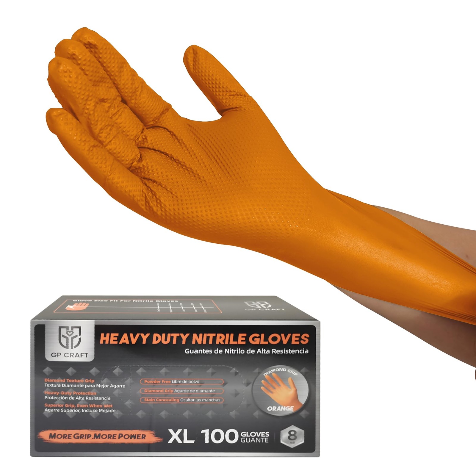 GP CRAFT Heavy Duty Orange Diamond Grip 8mil Nitrile Gloves Industrial Grade…
