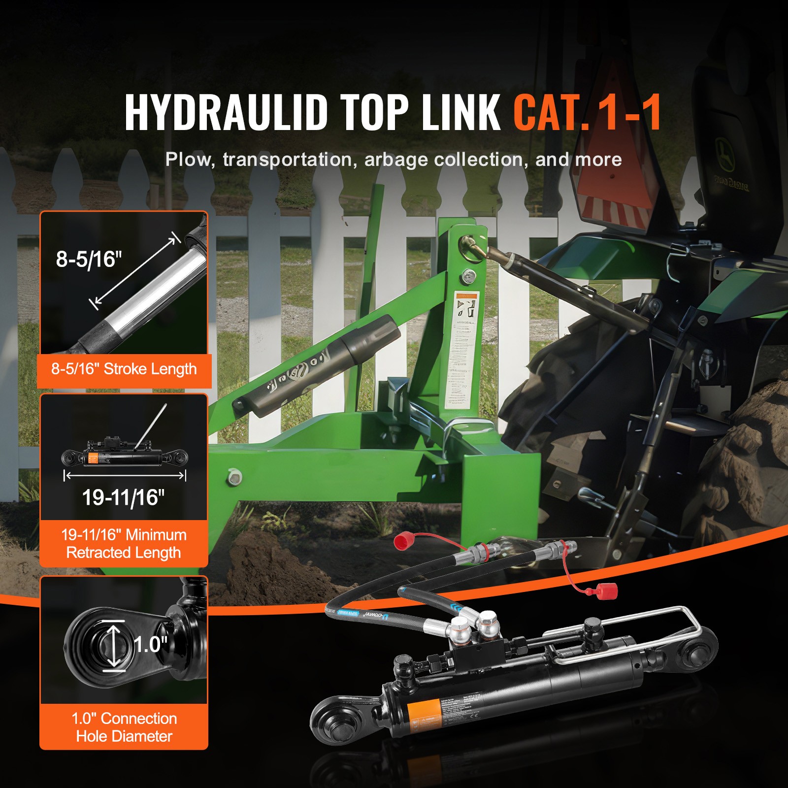 VEVOR Hydraulic Top Link Cat.1-1 (11 in 20-7/8~31-7/8 in) with 2 Hoses