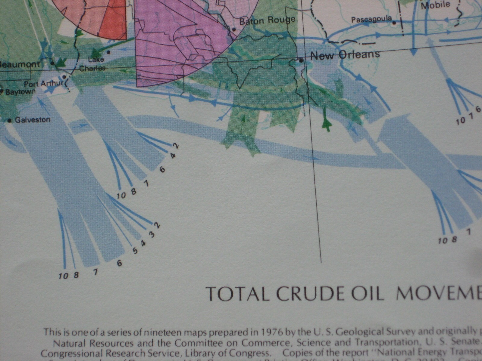1974 United States CRUDE OIL FLOW + DISTRIBUTION MAP Refineries Pipelines NatGas