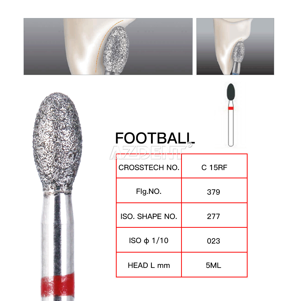 10Pcs/Pack Dental Dimond Burs Football #379-023F Fine Red Azdent
